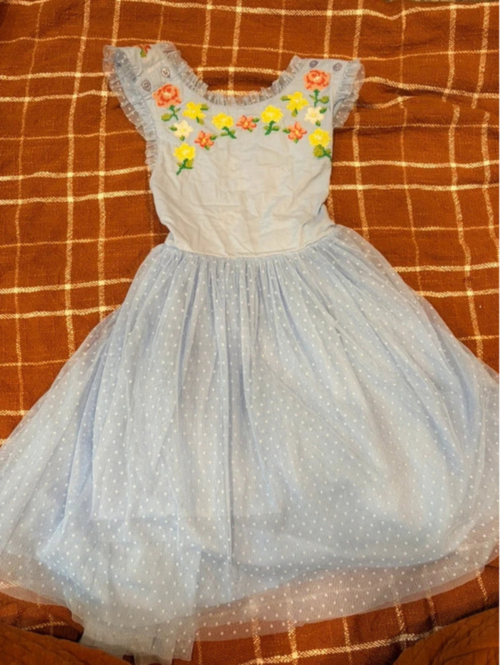 Mini boden floral and polka dot blue dress size 7